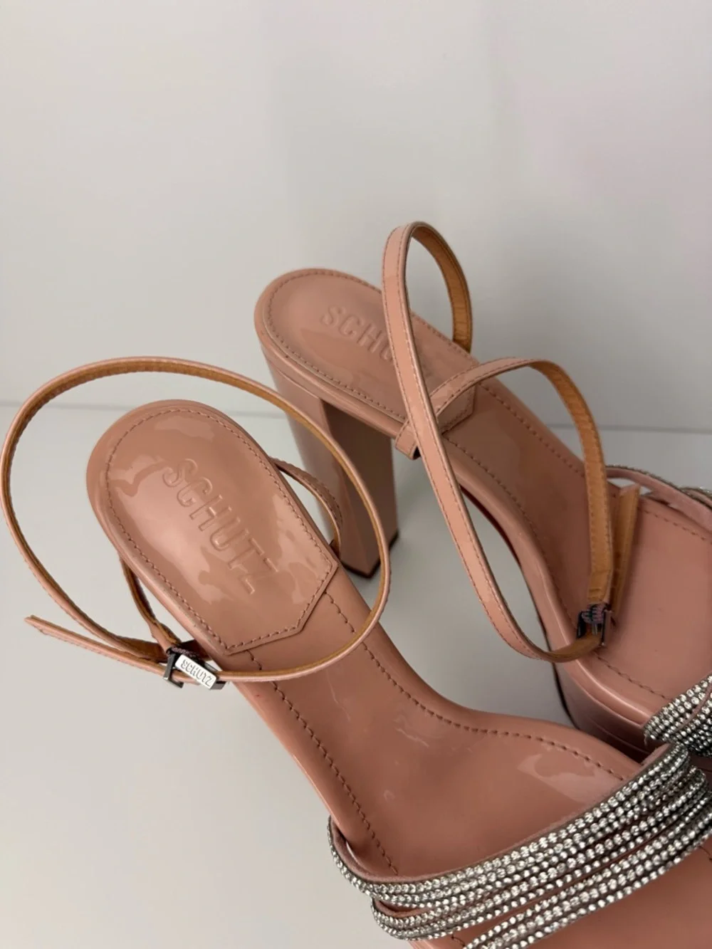 Schutz Piper Platform Heels 7.5B Sweet Rose Pink‎ Rhinestone Strappy Sandals
